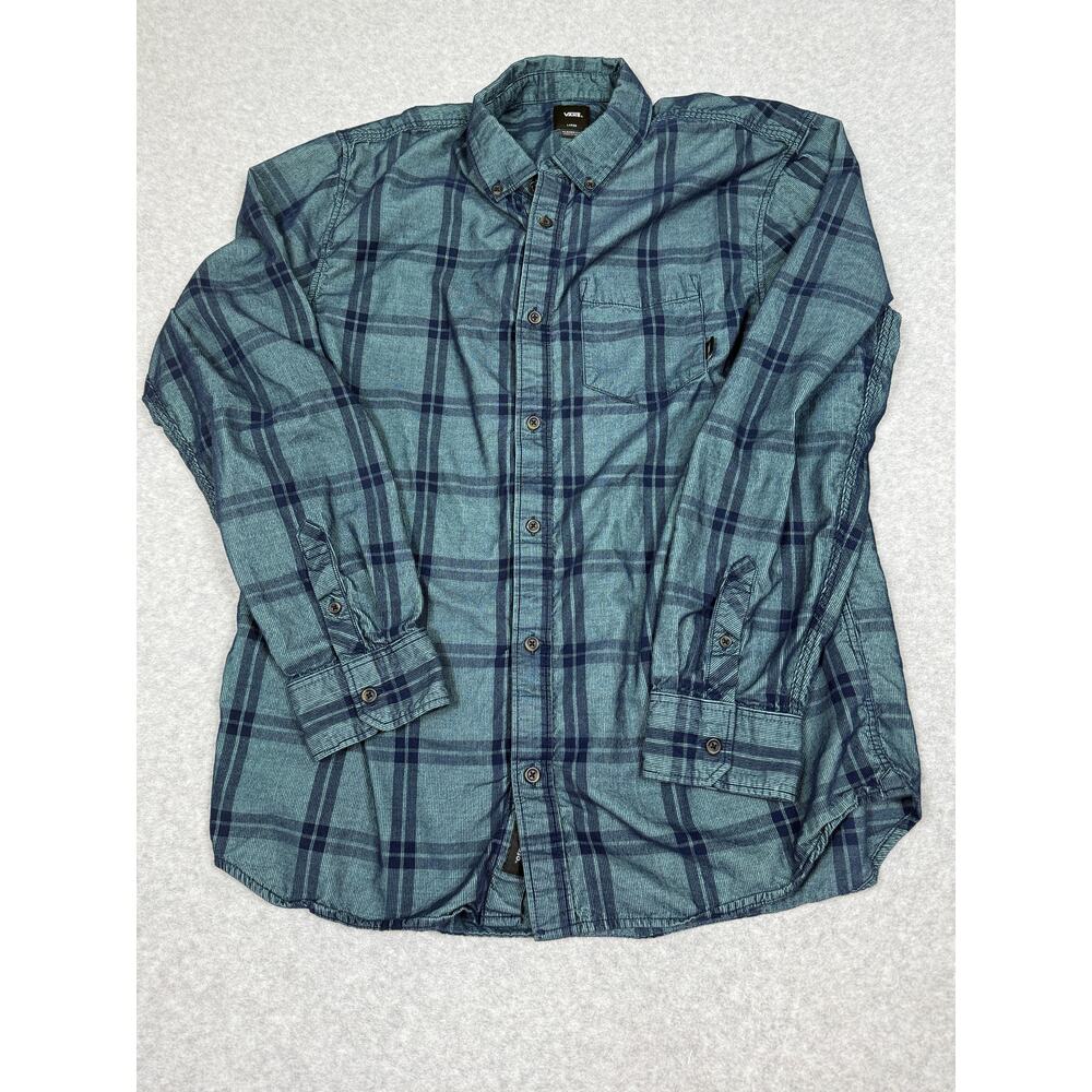 Vans Mens Size L Classic Fit Green Blue Plaid Corduroy Button Up Shirt